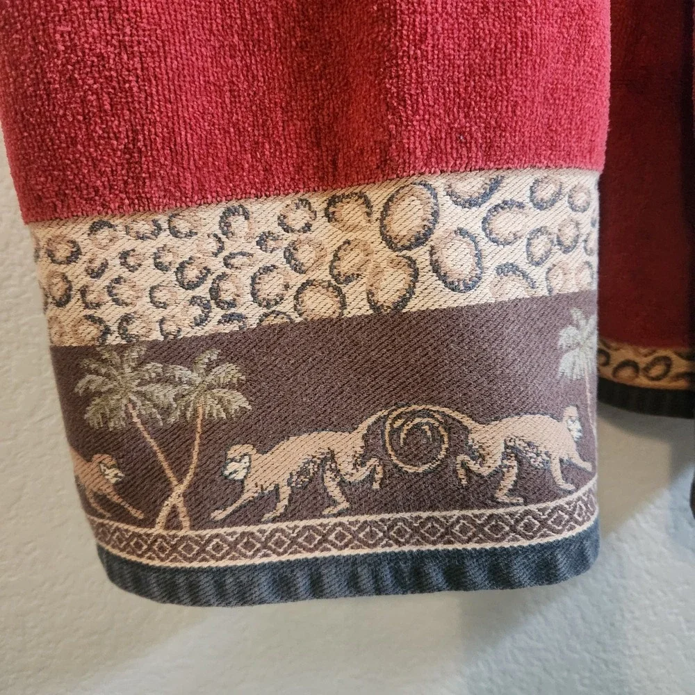 Vtg 90s HAMPTON MANOR Monkey Cheatah Rust Velour 4pc Hand /Wash Towel Set Brazil